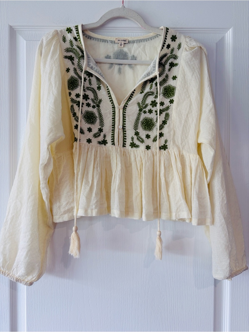 Cream Embroidered Peasant Tunic with Green Detail